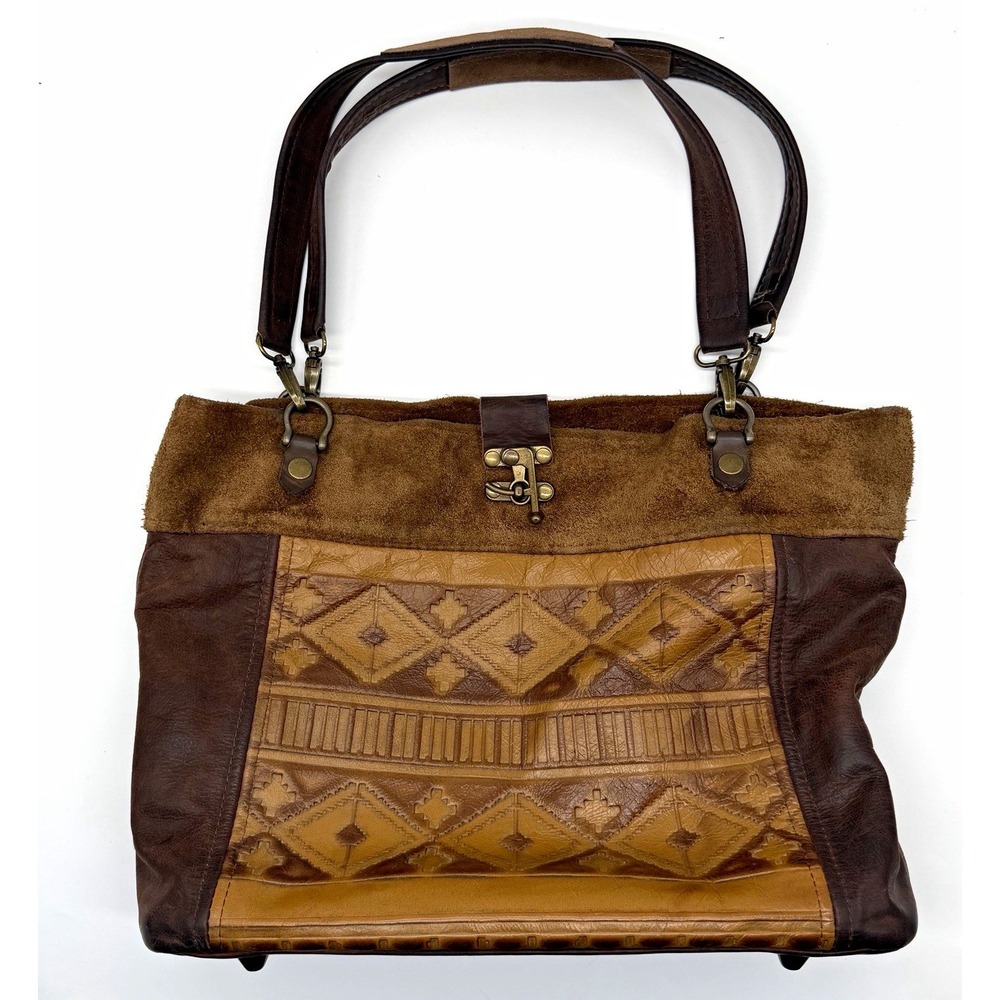 Vtg Tooled Leather Handbag Purse Brown Southwestern Boho Geometric Shoulder Bag
